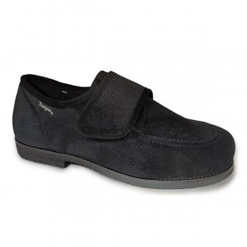 Zapato confort de caballero en terciopelo negro con velcro ancho, suela antideslizante.