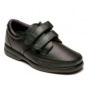 Zapato de caballero extra ancho de piel elástica, con dos velcros, color Negro.