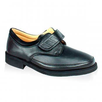 Zapato unisex horma extra ancha de piel elástica, muy ligero con velcro, color Negro.