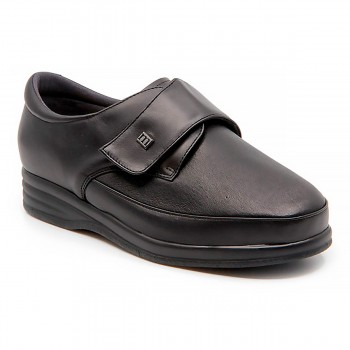 Zapato de señora horma extra ancha de piel elástica, con velcro, pies inflamados color Negro.